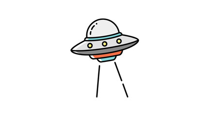 Cartoon UFO flying saucer illustration with beam of light in simple hand drawn style on an isolated white background