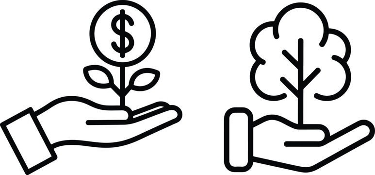 A hand holding a plant with a dollar sign and another hand holding a tree, symbolizing financial growth and environmental sustainability.
