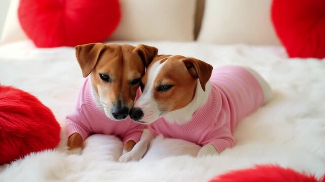 Two jack russell terriers in simple pink sweaters nuzzling noses on a white fluffy bed with red heart-shaped pillows, bright dynamic lighting, a moment of calm in their energetic nature