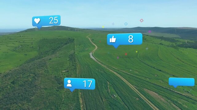 Reaction icons popping at edges, drifting across green hills, bursting confetti, showing engagement