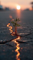 Cracked Asphalt Plant Sprout Glowing Roots Light Ground Nature Scene