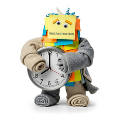 Fototapeta premium A colorful robot holding a clock with the word Procrastination on its head, symbolizing delayed tasks, in a studio setting from a front viewpoint