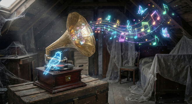 Grammofono vintage in soffitta polverosa con uccellino e note musicali magiche e luminose. Generative AI