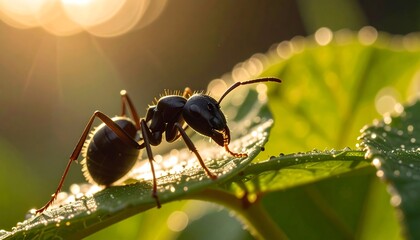 Detailed macro of a black ant on a green leaf with sparkling morning dew drops in warm sunlight.