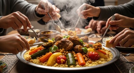 Group enjoying a warm, communal meal together.