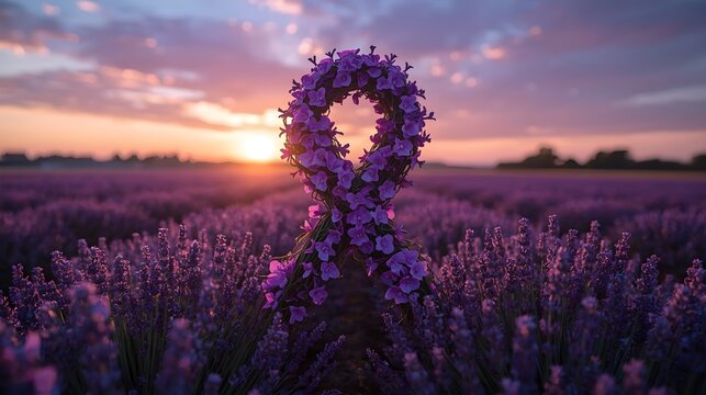 Hyper Realistic Floral Cancer Awareness Ribbon Growing in a Lavender Field at Sunset