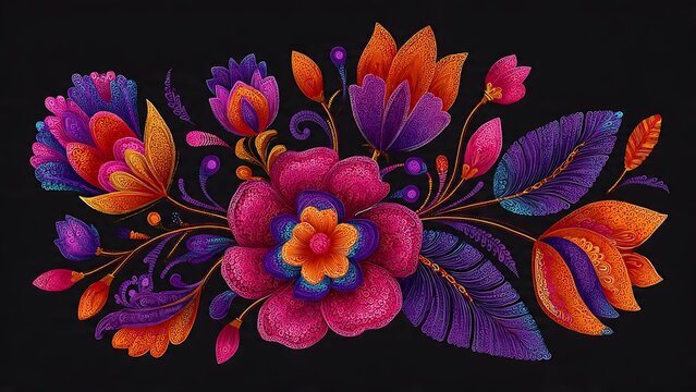 Colorful Mexican Folk Art Flower Vine with Detailed Vibrant Patterns