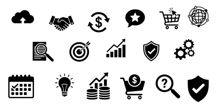 Business and finance icon set with cloud, handshake, growth chart, target, shield, gear and shopping cart isolated on transparent