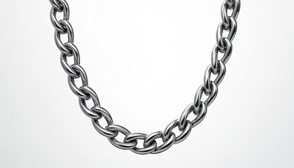 Obraz premium Silver metal chain links on a clean white background. Thick connected metal pieces form a decorative element. Shiny metallic jewelry strand is isolated for design use.