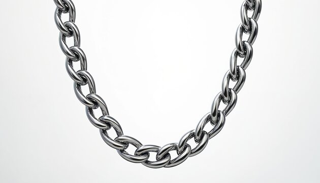 Silver metal chain links on a clean white background. Thick connected metal pieces form a decorative element. Shiny metallic jewelry strand is isolated for design use.