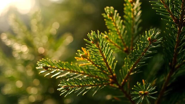 A close-up view of a fir tree branch in a forest, illuminated by sunlight, showcasing the intricate details of the needles, incorporating concepts of artificial intelligence in image analysis
