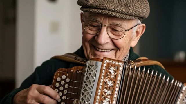 Joyful elderly man playing accordion with cheerful expressions in a cozy setting