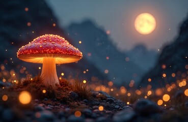 Naklejka premium Glowing red mushroom with white spots sits on mossy ground. Magical glowing particles float around. Full moon illuminates dark forest scene at night with mountains in distance.