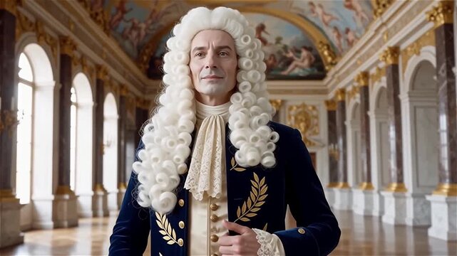 A Baroque-era aristocrat with an enormous powdered wig and opulent, frilled clothing, in an ornate palace hall.