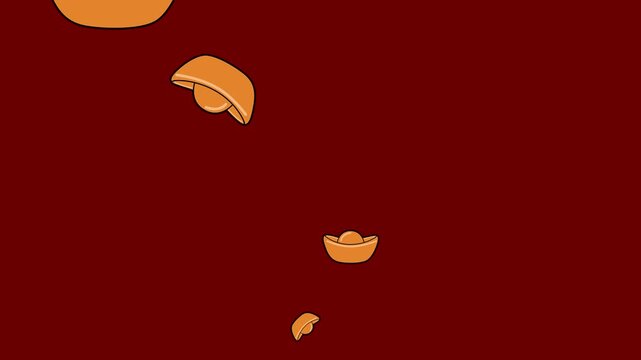 Cascading golden sycee rain. Traditional Chinese Yuanbao wealth animation on deep crimson background for Lunar New Year celebrations and prosperity concepts.