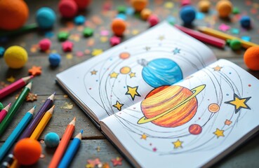 Fototapeta premium Children coloring book features space planets and stars. Crayons scattered around open pages with drawings. Kids learn astronomy and outer space themes.