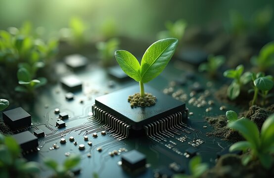 Small green plant sprouts from computer chip amidst soil and circuit boards. New growth emerges from microprocessors on a motherboard. Tiny seedlings surround electronic components.