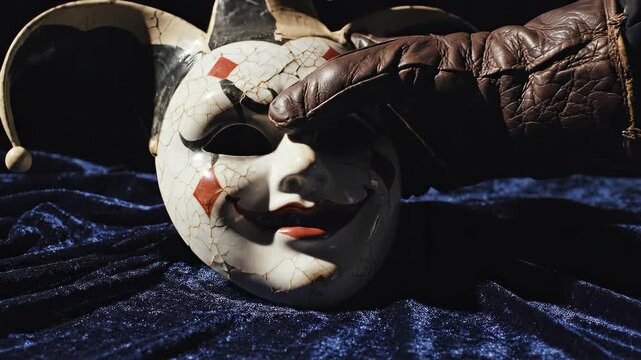 Gloved hand taking a creepy jester mask