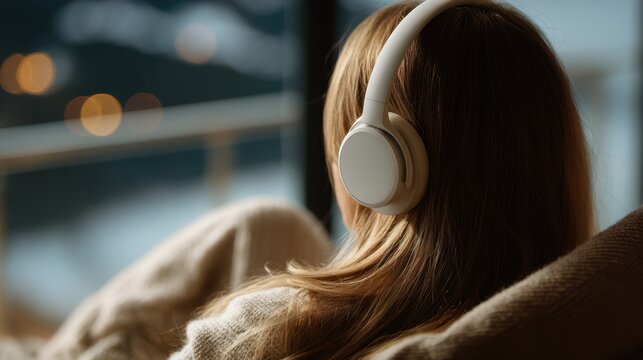 Medium shot of a person enjoying highfidelity lossless audio on wireless headphones highlighting crystalclear studioquality sound in a modern living room setting.