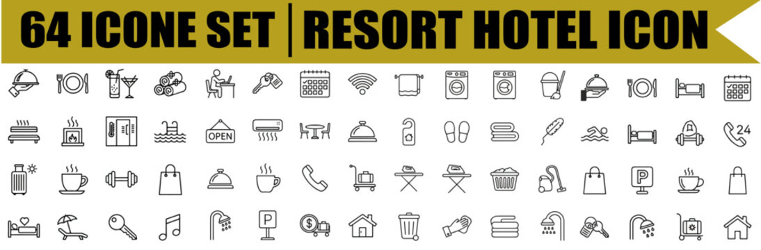 Resort hotel icon set with tourism, wellness, beach, spa, passport, map, travel luggage and vacation symbols, editable stroke line icons, modern outline vector illustration for travel app, hotel websi