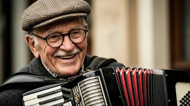 Elderly man joyfully playing accordion and smiling with passion