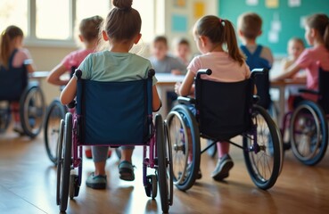 Obraz premium Children in wheelchairs attend class. Students learn together in a classroom. Kids with disabilities participate in school activities, showing diverse education.