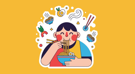 Naklejka premium A cheerful cartoon person enjoying a steaming bowl of ramen noodles with chopsticks.