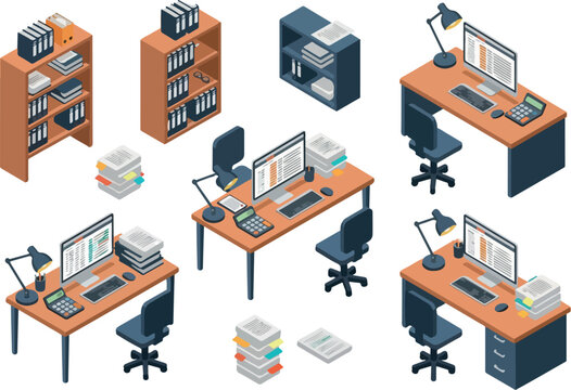 Isometric Office Workplace with Desk, Chair, and Shelves