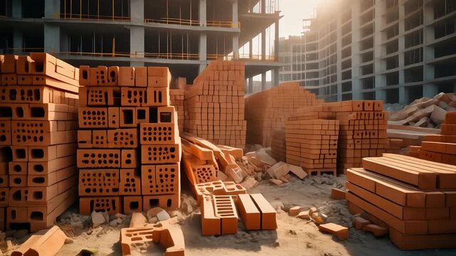 construction site with stacked orange bricks and building frame