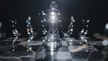 A silver chess king piece stands tall on a reflective chessboard, surrounded by fallen pieces, with a dark background and bokeh effects - Powered by Adobe