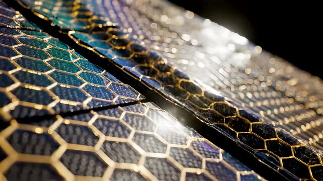 Macro View of Iridescent Graphene Solar Sail with Hexagonal Gold Grid Shimmering in Sunlight Against Deep Black Space