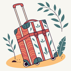 Vintage suitcase with tropical leaves