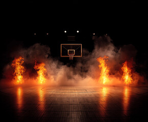 Obraz premium Basketball Court Backdrop with Flames / Fiery Arena Background / Intense Sports Energy and Power / Dramatic Basketball Scene Design