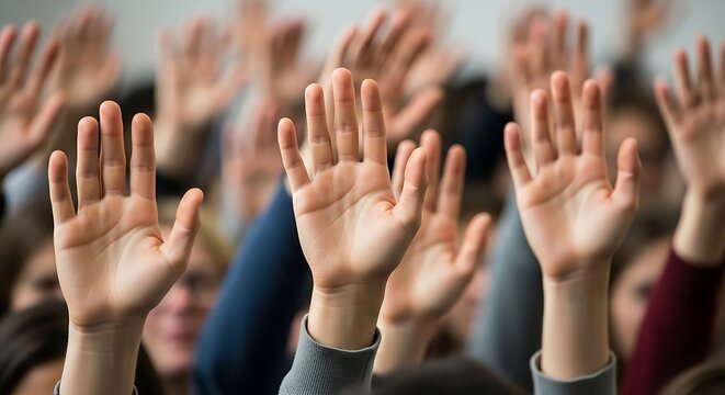 Many raised hands with open palms during a community meeting representing a collective vote or a public consensus