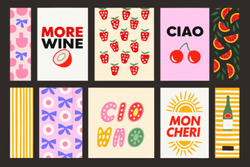 Colorful fruit and text patterned art prints arranged in a grid format