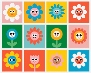Obraz premium Colorful cartoon flowers arranged in a grid pattern with smiling faces
