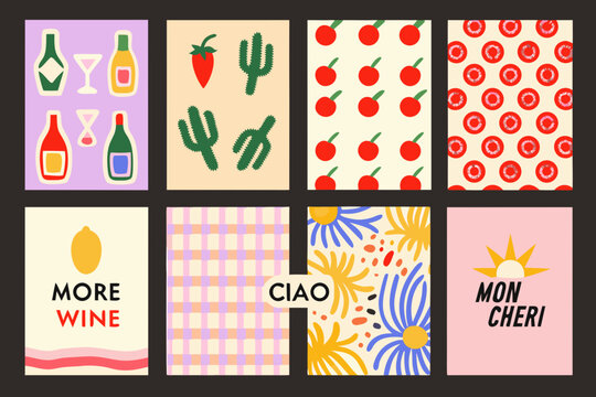 Colorful patterned tiles featuring drinks fruit and playful design elements