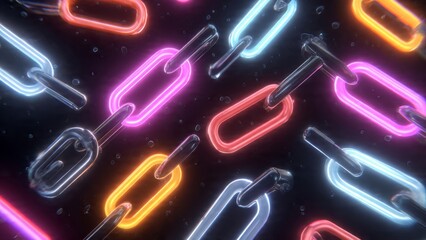 Neon Chain Pattern: A captivating image showcases a vibrant arrangement of interconnected chains illuminated by neon lights, creating a dynamic visual that symbolizes unity, connection.