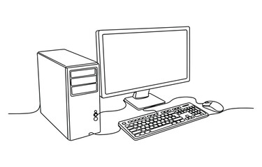 Continuous single one line of Computer and its accessories like PC monitor and keyboard isolated.