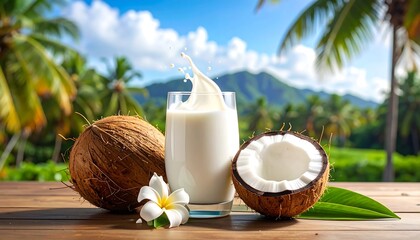 Coconut milk splash in a glass near cracked coconuts with a flower, tropical scenery