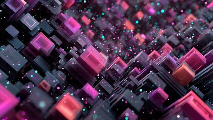 Digital Cube Landscape: An artistic representation of a dynamic, futuristic landscape formed by a multitude of interconnected, colored cubes.
