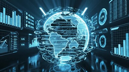 A futuristic digital room with a glowing blue globe of Africa surrounded by various graphs and charts on screens - Powered by Adobe