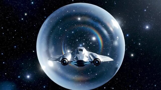 Silver Spaceship Generating a Transparent Warp Bubble with Glasslike Space Distortion and Star Refraction in Deep Black Cosmos