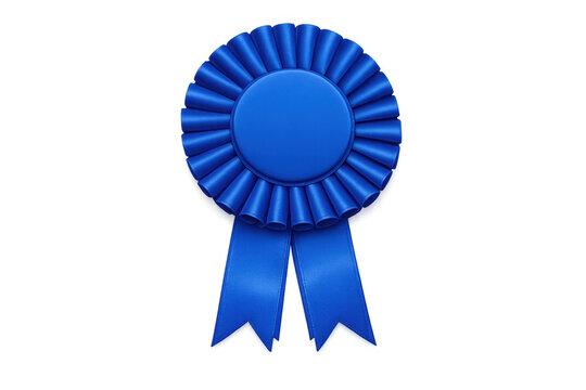 Blue rosette ribbon symbolizing success, achievement, and winning first place in competitions, isolated on transparent background