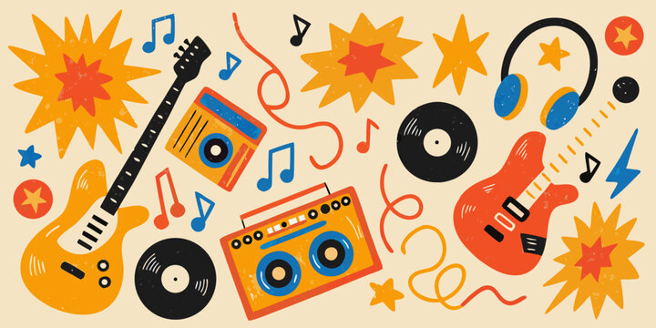 A vibrant collection of musical instruments and elements in a retro style