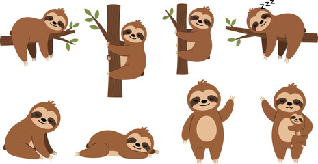 Obraz premium Cute Sloth Character Set Flat Vector Illustration Bundle for Kids Design