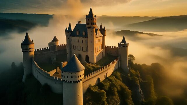 Majestic Medieval Castle Perched on Misty Mountain Peak at Sunrise