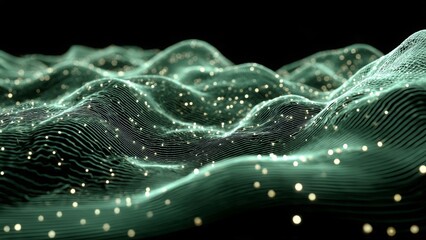 Digital Landscape with abstract lighting: A mesmerizing digital representation of an ethereal landscape, with undulating lines and scattered points of light, creating a sense of depth and mystery.