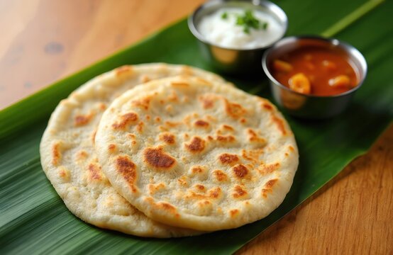 Layered flatbread parotta served with mild curry and yogurt dip on green banana leaf. Flaky wheat bread is a staple Indian cuisine meal. Tasty vegan food.