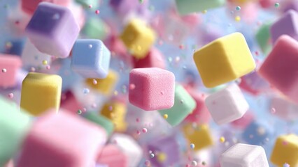Gummy Cubes Cascade: A vibrant dance of colorful gummy cubes, captured in mid-air, a feast for the eyes evoking joy, sweetness, and playful indulgence.